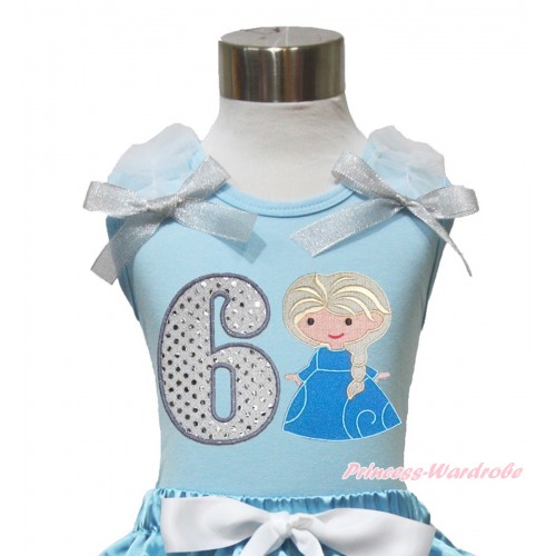 Light Blue Tank Top With White Ruffles & Sparkle Silver Grey Bow With Princess Elsa & 6th Sparkle White Birthday Number Print TM274